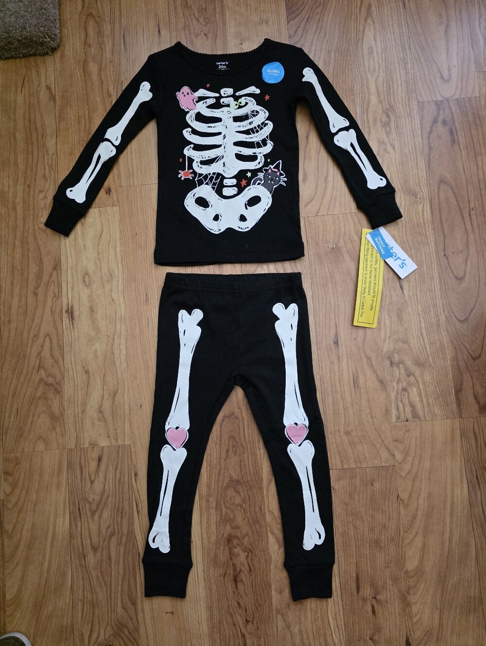 NWT Carters 24 M Kids Black Skeleton Pajama Costume Set with Pink Heart Accents